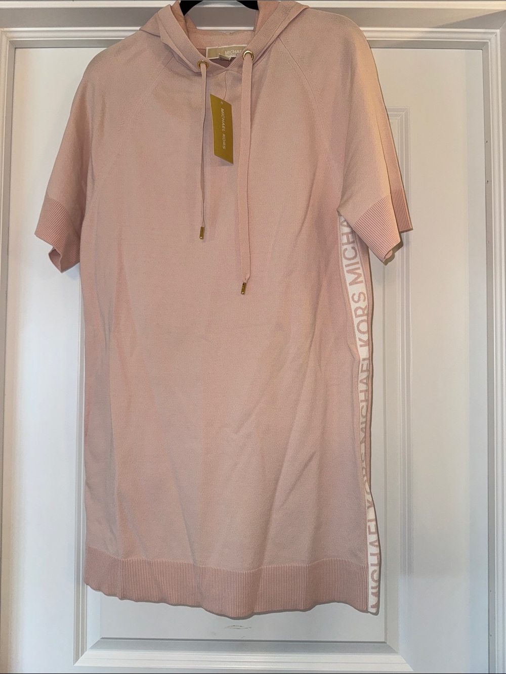 Michael Kors Blush Pink Short-Sleeve Hoodie Tunic with Logo Side Tape